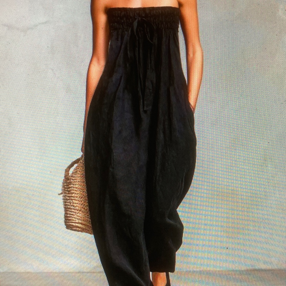 Strapless Black Linen Jumpsuit - Women - Picture 2 of 5